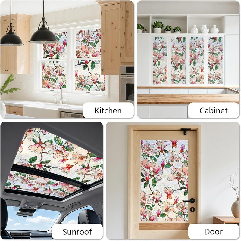 Kromapolis Window Privacy Film, Stained Glass Sticker Floral Window Clings, Decorative Static Clings UV Blocking Colorful Decals, Removable Vinyl Covering Rainbow Magnolia Flowers, 17.5'' x 78.7'' - Image 4